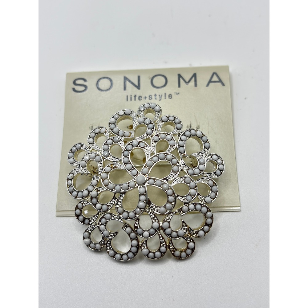 Sonoma Brooch Womens OS White Silver Tone Filigree Floral Bead Pin Accessory
